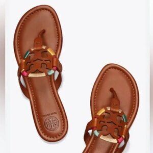 Tory Burch Miller Sandal -Brown with Green Gold Yellow & Red Embroidery - Size 7